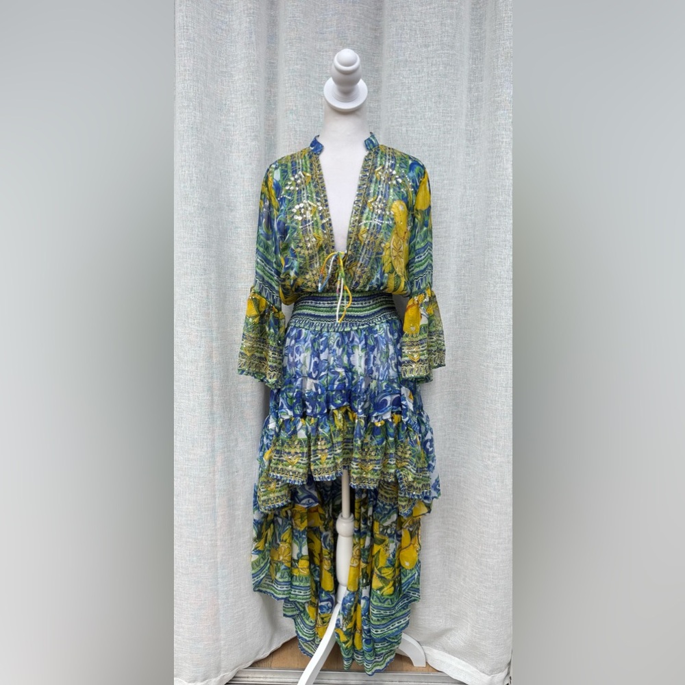 ANTICA SARTORIA by Giacomo Cinque LEMONS blue Mediterranean sequin sheer Dress - Picture 3 of 14